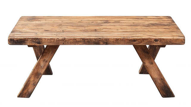 Rustic wooden trestle table exhibiting natural wood texture an empty surface for product placement a transparent background