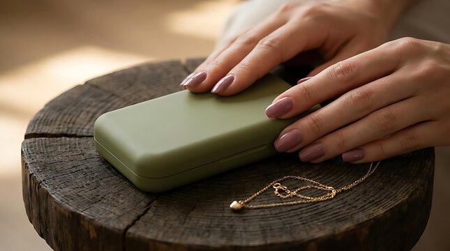 Hands touching green case and gold necklace on wood