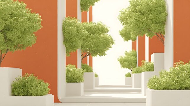 Retro-futuristic biophilic atrium featuring bright orange walls and lush green potted trees along a white walkway for architectural visualization and modern real estate marketing