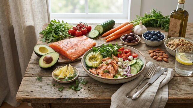 Fresh healthy meal with salmon and vegetables on rustic table.