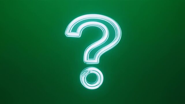 Neon question marks glowing green against black abstract concept of mystery and inquiry