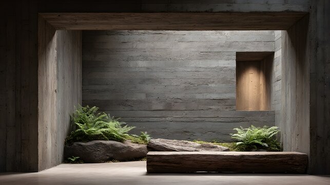 Brutalist wabi-sabi concrete atrium featuring indoor zen rock garden wooden bench natural lighting for architectural mockup background meditation spa website banner