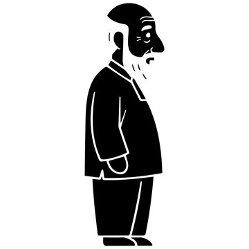 Aged man with long beard wearing simple tunic standing profile black and white silhouette.