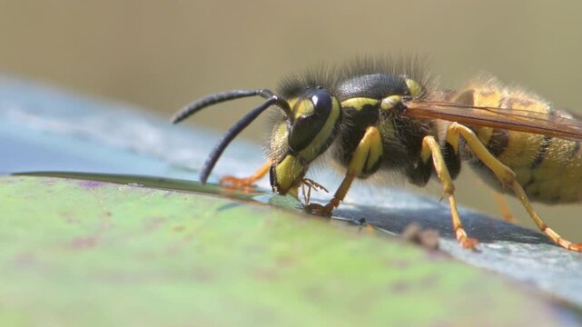 German Wasp (Vespula germanica) in closeup drinking water from a small garden pond. August, kent, UK [Slow motion x5]