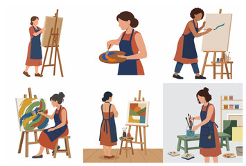 Fototapeta premium Flat illustration set of diverse female artists painting on canvas in an art studio