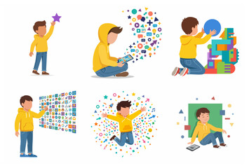 Fototapeta premium Little boy exploring digital technology, STEM education, and creative learning activities set, vector illustration
