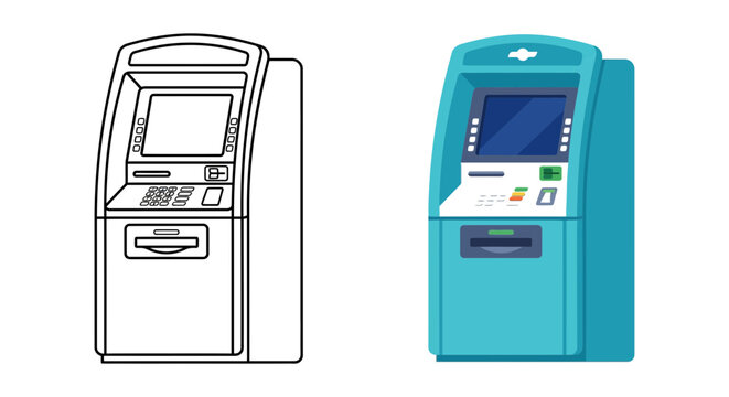 Automated teller machine illustration with a colored and outlined version
