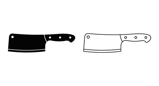 Cleaver knife silhouettes a black solid shape and a black outline version