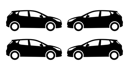 Fototapeta premium Four black silhouettes of compact hatchback cars on a white background