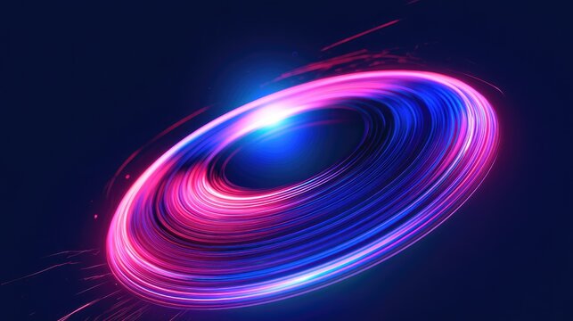 Swirling vortex of vibrant pink and blue light trails on a dark background