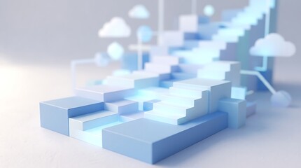 Fototapeta premium Abstract geometric staircase ascending toward floating cloud icons digital concept