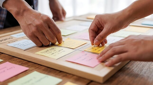 Professional team collaborating together on creative project strategy board using colorful adhesive notes