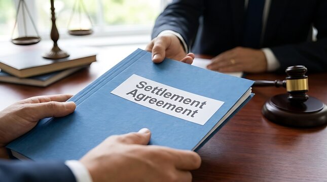 Legal professional handing over settlement agreement document to client across wooden desk