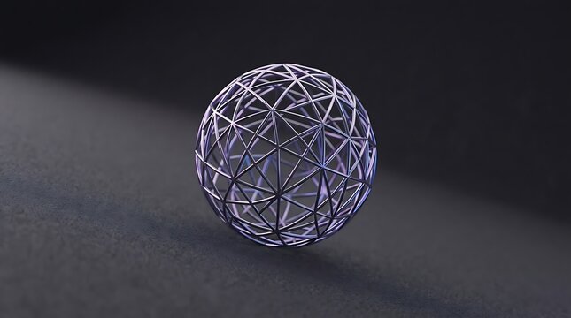 Metallic geometric sphere structure floating above dark textured surface