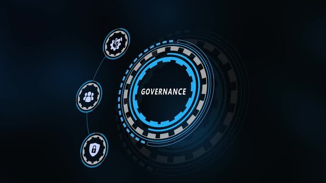 Corporate data governance and cyber security control interface showcasing a futuristic blue HUD design with system management visual icons.