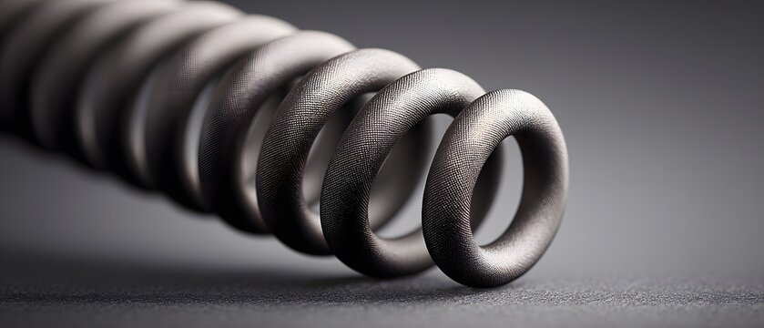 macro close up of a textured matte metal spring coil on a dark studio surface for industrial engineering concepts or mechanical manufacturing presentations