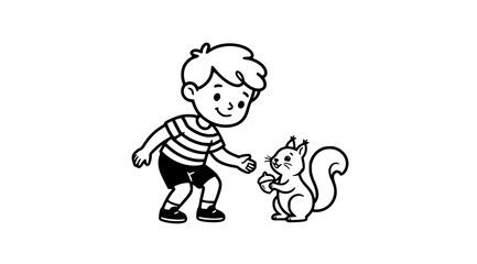 Cute boy with squirrel cartoon icon black line art graphic