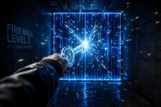Hand Holding Digital Key Unlocking Futuristic Firewall Gate
