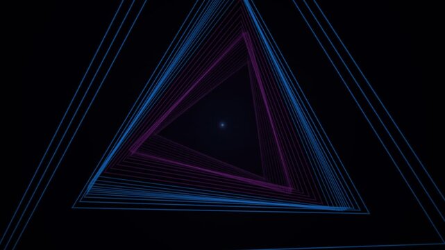 Nested triangular spirals of blue and magenta light converging toward a vanishing point against a black background.