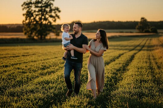 Caucasian family of three walking through green meadow at golden hour sunset. Father holds small happy child in arms smiling mother walks beside. People enjoy outdoor leisure time during summer