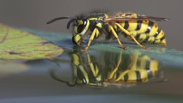 German Wasp (Vespula germanica) in closeup drinking water from a small garden pond. August, kent, UK [Slow motion x5]