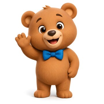 Cute 3D cartoon teddy bear waving hand, friendly brown bear character with blue bowtie, isolated on white background, generative AI