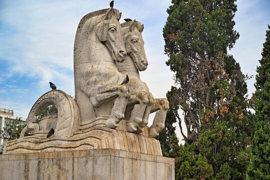 The mythical Hippocampus sea horse statue by Antonio Duarte in Pra&ccedil;a do Imp&eacute;rio of Belem district, Lisbon, Portugal