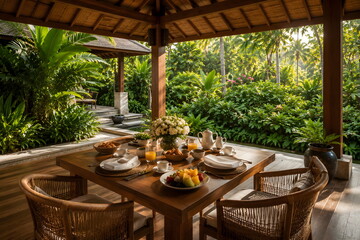Fototapeta premium Luxury Tropical Resort Breakfast Table in an Open Air Garden Pavilion