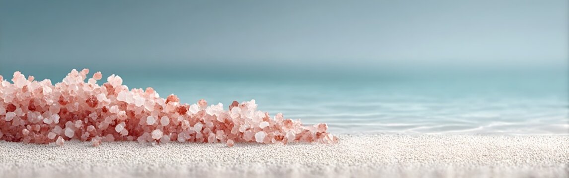 macro closeup of crushed pink coral sand and himalayan bath salt crystals on a white tropical beach with ocean background for spa wellness website banner