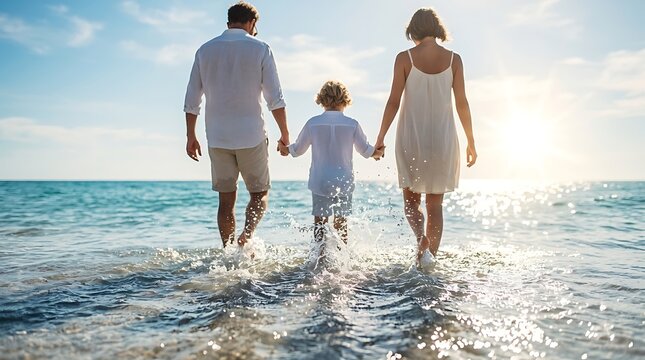 Family walking together through shallow ocean surf toward bright horizon sun