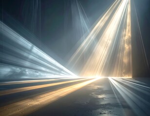 Fototapeta premium Dynamic white and gold light trails on dark floor.