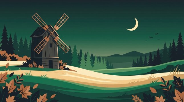 A spooky pixel art landscape featuring an old windmill under a crescent moon for halloween night
