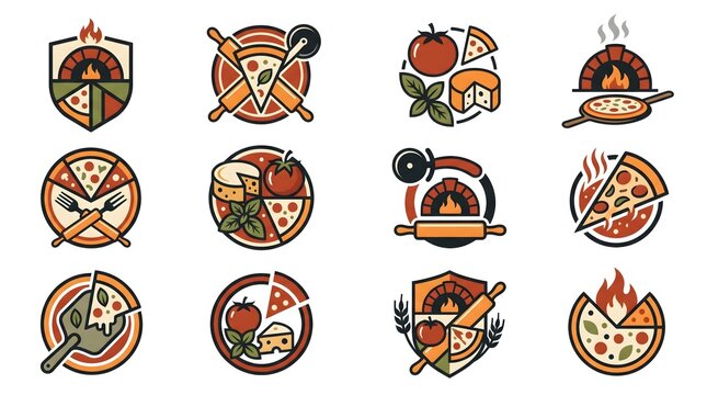 Set of flat vector pizza icons and logos featuring traditional brick ovens, rolling pins, cutters, fresh tomatoes, cheese, and basil leaves for pizzeria branding