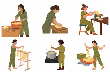 Fototapeta premium Set of women making homemade pasta from scratch, kneading dough, using a pasta machine, drying, and cooking delicious noodles, flat vector illustration.