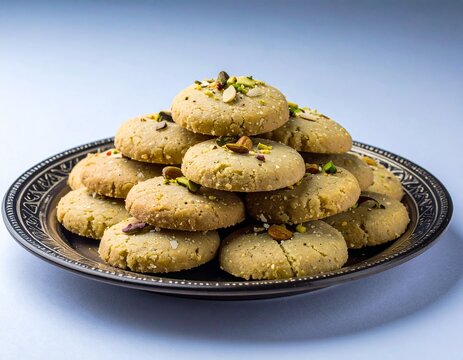 Traditional Homemade Nankhatai Shortbread Cookies with Pistachio and Almond on Ceramic Plate
