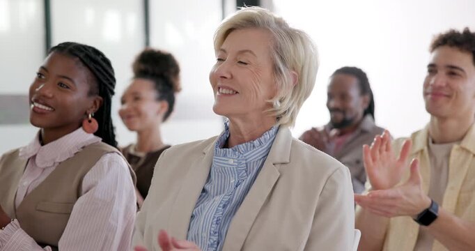 Audience, woman and applause in office with workshop, company goals or success for skill development. Happy, person and team clapping in seminar with announcement, milestone and manager achievement.