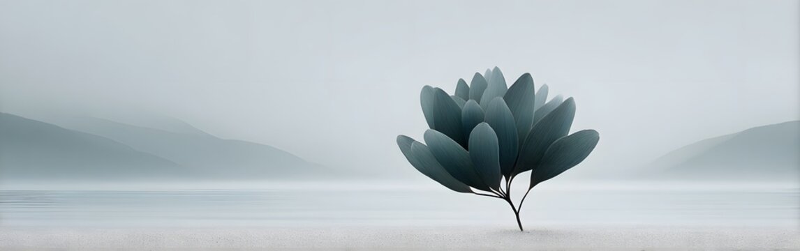 Stylized dark olive plant in ethereal misty mountain landscape for calming website header, panoramic linkedin banner, or minimalist wall art decor