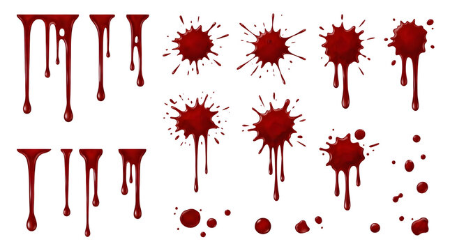 Red blood drips and splashes set isolated on white background with splatter
