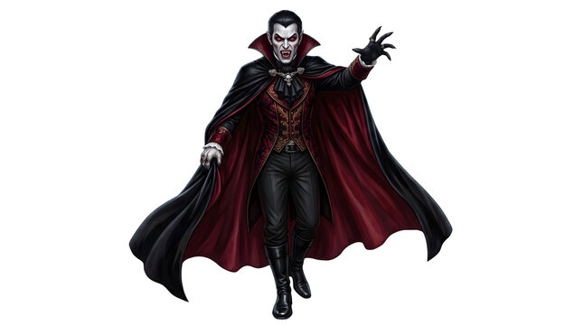 Frightening vampire man in black cape gesturing with hand halloween character