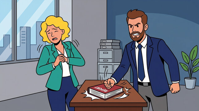An intimidated businesswoman flinching as an angry male boss slams his fist down onto a report on an office desk