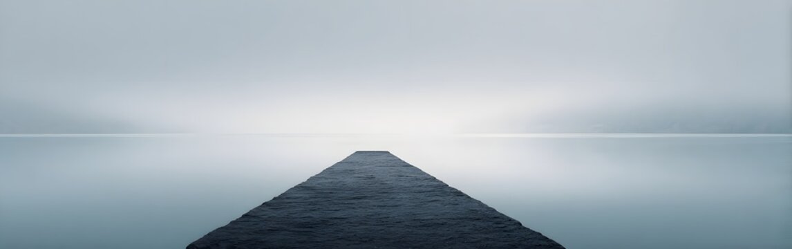 Minimalist dark stone pier extending into calm misty water for panoramic website header banner or peaceful mental health meditation background