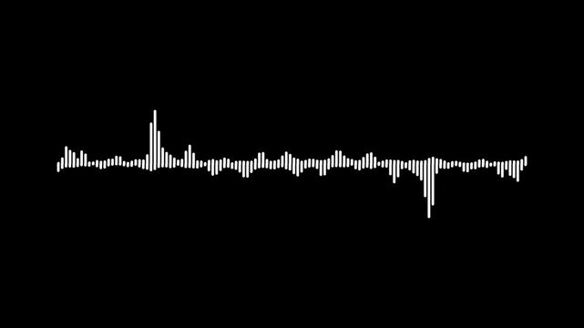Modern audio spectrum animation, white waveform equalizer, sound frequency visualization, music audio lines, transparent overlay, black background. ultra hd 4k motion graphics