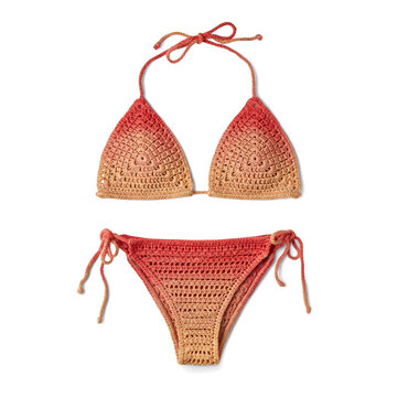 Red and beige ombre crocheted two-piece bikini swimwear set isolated on white background for summer fashion with women