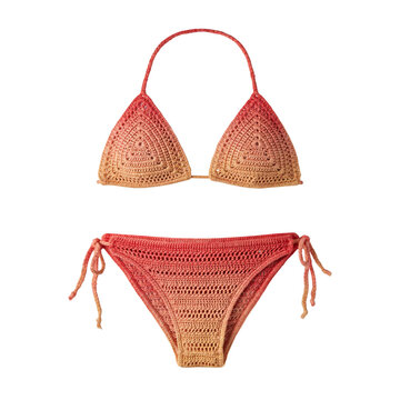 Red and beige ombre crocheted two-piece bikini swimwear set isolated on white background for summer fashion with women