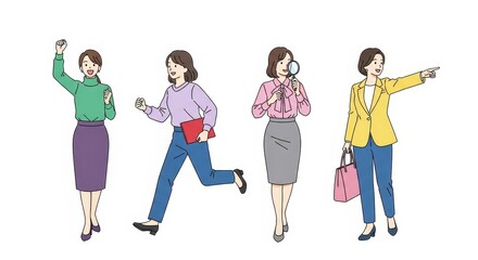 Obraz premium Set of Business Women Illustrations in Different Poses: Celebrating, Running, Inspecting, and Pointing for Success