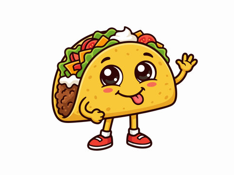 Cute cartoon taco character with arms and legs waving.