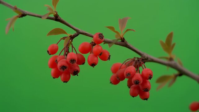 Ripe red berries on a branch moving gently with cinematic focus against a solid green background