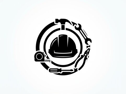 Minimalist black and white construction logo, central hard hat, tool circle vector, flat design.
