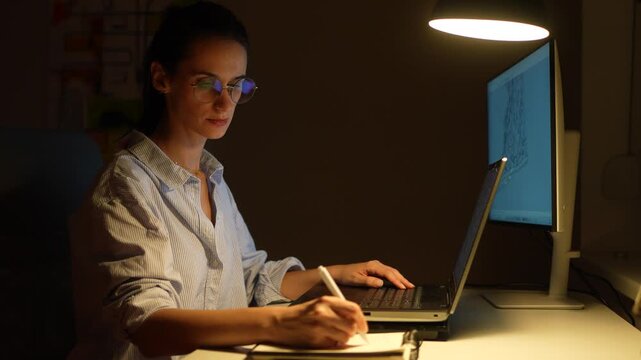 Businesswoman working overtime from home office