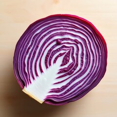 Obraz premium A close-up top view of a fresh halved red onion on a wooden surface.